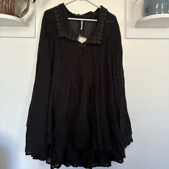 Free People Black Lace-Trim Mini Dress - Picture 1 of 8
